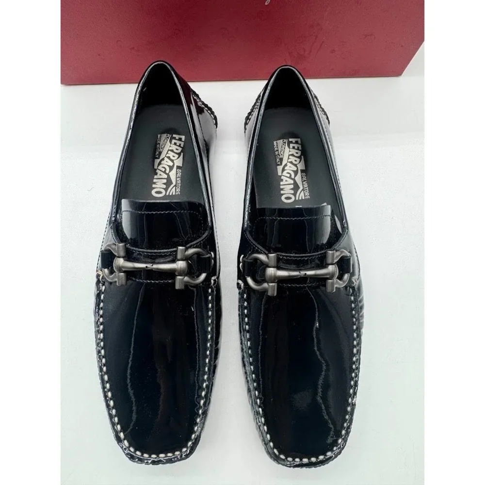 Salvatore Ferragamo Black Patent Leather Parigi Gancini Bit Driver Loafers